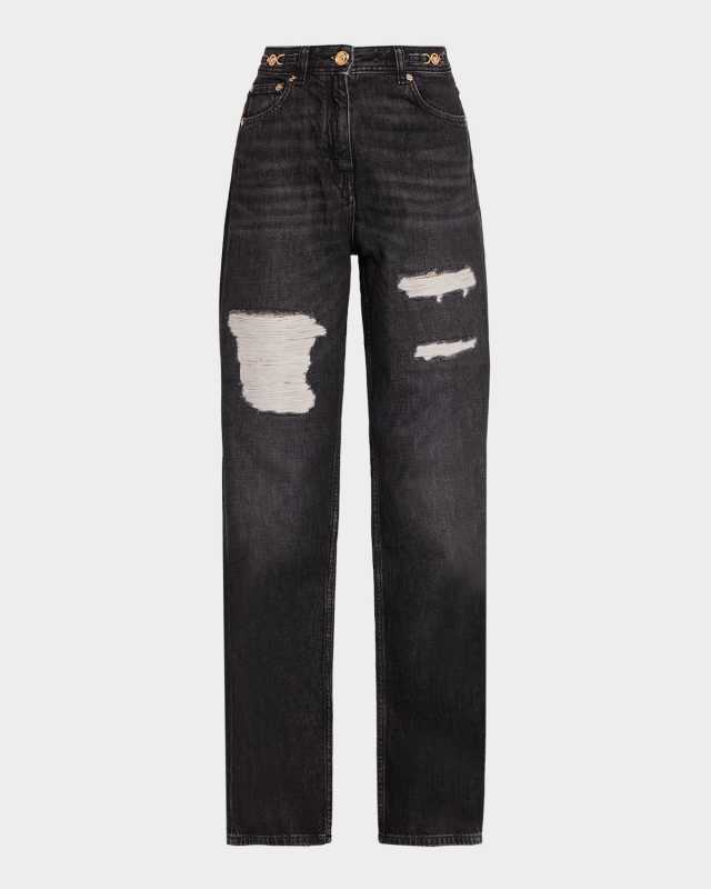 Chainmail-Insert Distressed Straight-Leg Pants